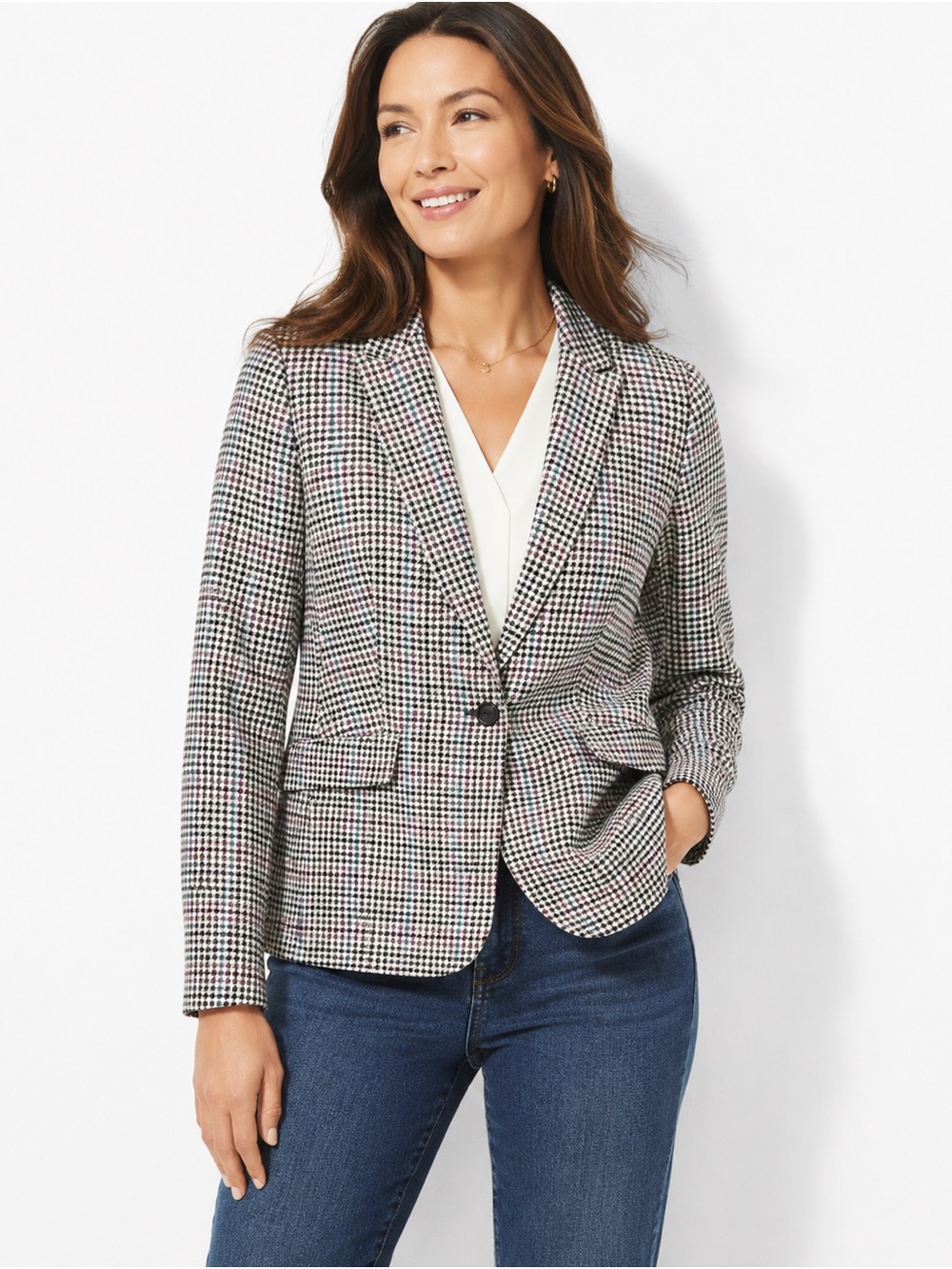 Talbots Heritage Houndstooth Plaid Blazer Womens 8P One Button Preppy Jacket